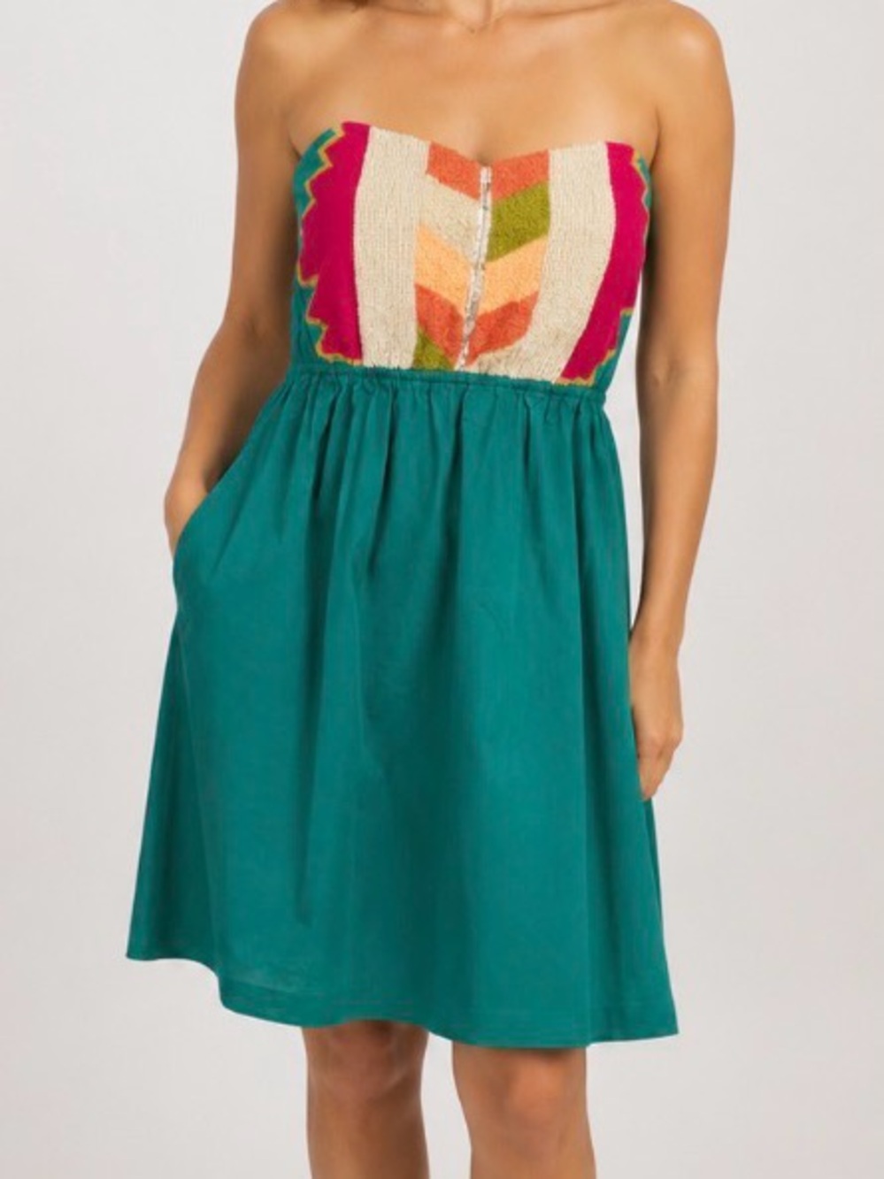 Judith March Green Embroidered Strapless Mini Dress Size Small